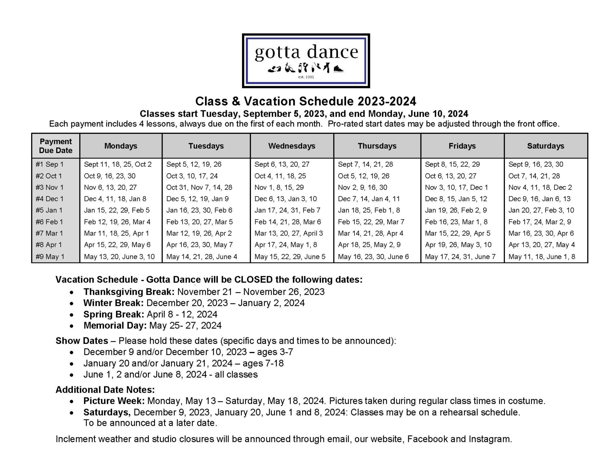 Class & Vacation Schedule